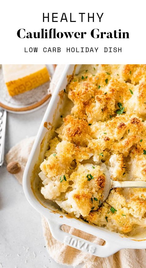 This cauliflower gratin features cauliflower florets baked to perfection in a creamy cheese sauce and topped with breadcrumbs. It's vegetarian, low-carb and the perfect addition to your holiday menu. Roasted Kabocha Squash, Creamy Cheese Sauce, Low Carb Holiday, Cauliflower Gratin, Potatoes Au Gratin, Savory Dishes, Holiday Side Dishes, Creamy Cheese, Sheet Pan Recipes