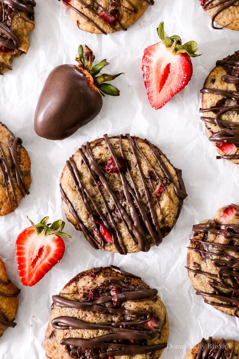 Cookies With Chocolate Drizzle, Chocolate Chip Strawberry Cookies, Mixed Berry Cookies, Strawberry Chocolate Cookies, Dark Chocolate Strawberries, Chocolate Covered Strawberry Cookies, Chocolate Covered Strawberries Cookies, Chocolate Strawberry Cookies, Strawberries Cookies