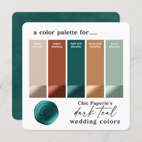 $2.60 | Dark Teal & Copper Bold Wedding Color Palette Card #2022fallweddingcolorpalette #2022autumnweddingcolorcombinations #rusticweddingcolortrends #chicpaperie's2022weddingcollections #forestcolorpaletteswatchcard #chicpaperiesweddingcolorschemes #paintchipcolorcomboscard Dark Teal Weddings, Bold Wedding Colors, Teal Wedding Colors, Teal Color Palette, Rustic Wedding Colors, Hex Color, Forest Color, Copper Wedding, Paint Chip