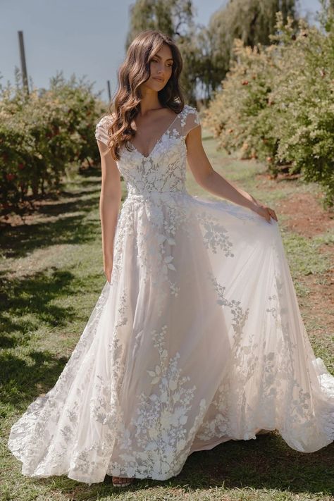 Fitted Whimsical Wedding Dress, Wedding Dresses Lace With Sleeves, Floral V Neck Wedding Dress, Bridal Dress A Line, Botanical Lace Wedding Dress, Wedding Dresses Pockets, Floral Sleeve Wedding Dress, Wildflower Wedding Dresses, Flowery Wedding Dress Boho