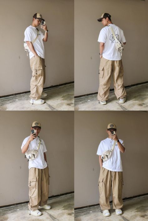 Baggy Clothes Cargo Pants, Cream Streetwear Outfit Men, Streetwear Khaki Pants Outfit, Light Cream Pants Outfit, Oversized Cargo Pants Outfit Men, Beige Baggy Cargo Pants Outfit, Parachute Cargo Pants Men, Cream Cargos Men, Cream Baggy Pants Outfit Men