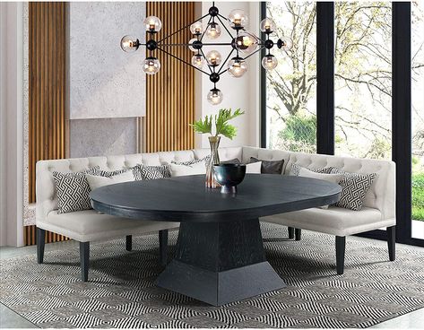 Oval Dining Table with Sofa Seating Black Pedestal Base and Beige Fabric Tufted Seats | Interior Design Ideas Corner Banquette Seating Dining Room Farmhouse, Dining Room With Couch, Taupe Pillows, Corner Loveseat, Modern Dining Rooms Contemporary, Dining Seating, Couch Seats, Dining Sofa, Taupe Fabric