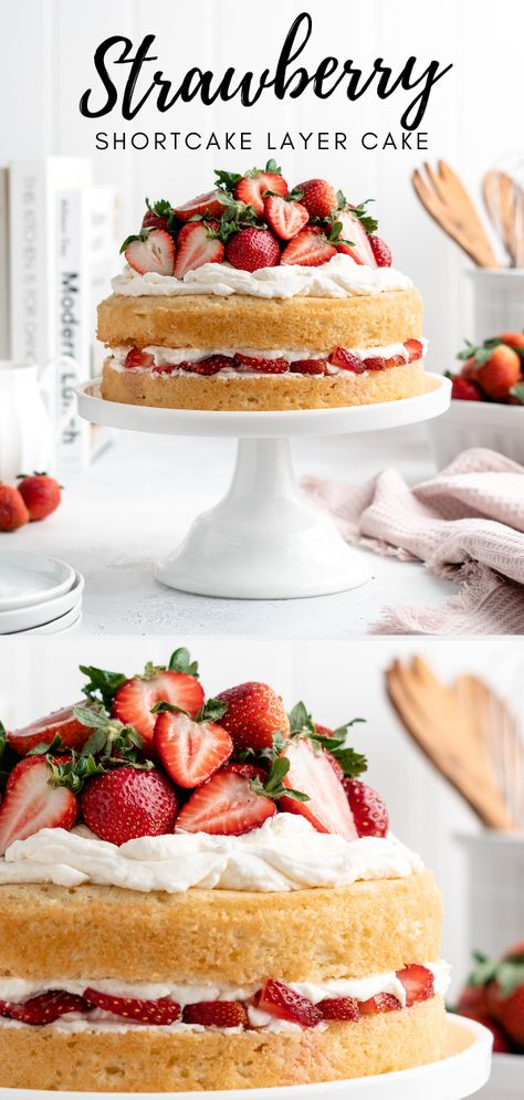 Layer Cake With Strawberries, Double Layer Strawberry Shortcake, One Layer Strawberry Shortcake, Strawberry Cream Sponge Cake, Layered Cake With Fruit, 2 Layer Strawberry Shortcake, Strawberry Custard Cake, Fruity Cake Recipes, Strawberry Fruit Cake