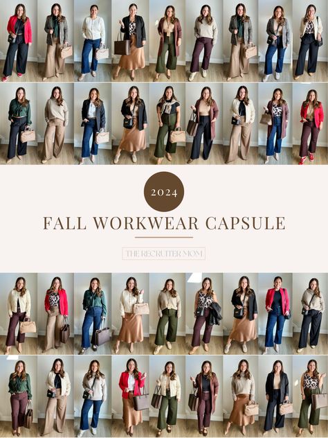 Fall Workwear, Workwear capsule, capsule wardrobe, minimalist wardrobe, fall staples, midsize workwear, fall outfit, fall dress, fall blazer, fall trends, animal print trend, red trend, it bag, chocolate brown trend, leopard accessories, red accessories, workwear shoes, workwear pants, workwear tops, midsize style, slip skirt outfit, long cardigan, washable silk, wide leg pants, business casual outfit, teacher outfit, teacher style Business Capsule Wardrobe, Recruiter Mom, Fall Business Casual Outfits, Workwear Outfits, Workwear Capsule, Capsule Wardrobe Casual, Fall Business, Business Casual Fall, Fall Workwear