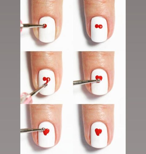 Nail Art Hearts, Diy Valentine's Nails, Nail Heart, Nail Art Dotting Tool, Heart Nail Designs, Nail Art For Beginners, Heart Nail Art, Dotting Tool, Simple Nail Art Designs