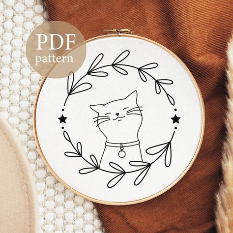 Lovely Cat Embroidery Pattern Cat Embroidery Pdf Flower - Etsy | Embroidery Patterns Free Easy Cat Embroidery Patterns, Cat Embroidery Pattern Free, Embroidery Cat Patterns, Cat Embroidery Simple, Hand Embroidery Patterns Free Templates, Embroidery Free Pattern, Cat Hand Embroidery, Free Hand Embroidery Patterns, Cat Embroidery Pattern