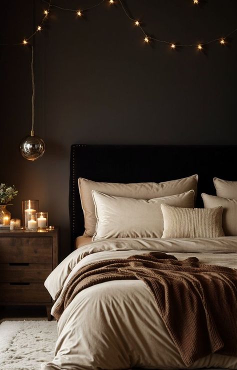 Dark Brown Bedrooms, Dark Cozy Bedroom, Bedroom Decor Dark, Brown Rooms, Warm Bedroom, Decor Ideas Bedroom, Dark Bedroom, Brown Bedroom, Relaxing Bedroom