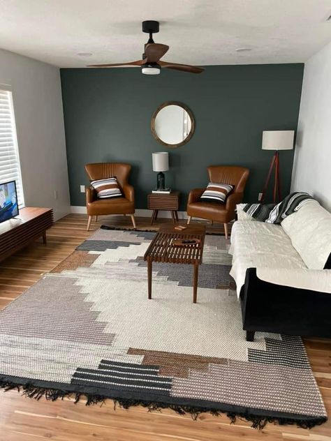 One Wall Accent Color Living Room, Small Accent Wall Living Room, Dark Green Accent Wall Living Room Tv, Industrial Accent Wall Living Room, Green Black Accent Wall Living Room, Small Living Room With Accent Wall, Living Room Accent Wall Green, Accent Wall Sitting Room, Subtle Accent Wall Living Room