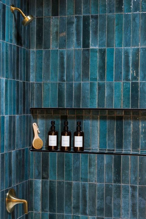 Revive and Relax Zellige Tile Blue Bathroom, Ensuite Bathroom Ideas Blue, Teal Herringbone Tile Bathroom, Cerulean Blue Bathroom, Aqua Bathroom Tile, Bathroom With Blue Shower Tile, Blue Green Subway Tile Bathroom, Blue Bath Tile, Turquoise And Grey Bathroom