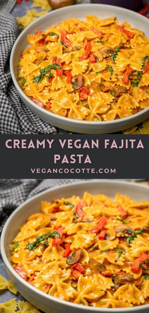 Creamy Vegan Fajita Pasta Vegan Pasta Pasta, Vegan Sides Dishes, Easy Vegan Dinner Ideas, Vegan Fajita, Vegetarische Diners, Fajita Pasta, Rasta Pasta, Vegan Pasta Dish, Better Diet