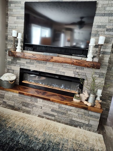 Stone Fireplace With Tv, Barn Wood Mantle, Fireplace Hearth Stone, Fireplace With Tv, Stone Electric Fireplace, Stone Fireplace Wall, Hearth Stone, Built In Electric Fireplace, Electric Fireplace Wall