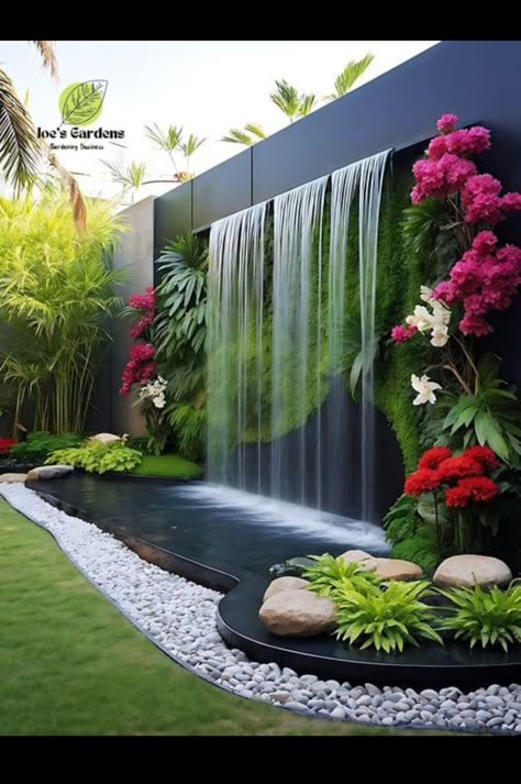 Garden Wall Water Feature, Cascade Waterfall Garden, Waterfall Wall Outdoor Landscape Design, Wall Waterfall Outdoor, Wall Fountain Ideas, Water Fountain Wall, Wall Fountain Outdoor, Corner Fountain, Moderne Have