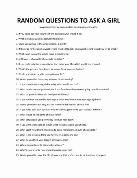 82 Random Questions to Ask a Girl - Fun and unexpected questions. Friend Quizzes, Random Questions To Ask, Questions For Girls, Youtube Questions, Questions To Ask A Girl, Clever Pick Up Lines, Good Questions To Ask, Snapchat Story Questions, Text Conversation Starters