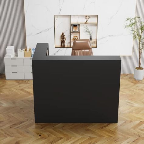 Half Wall Reception Desk, Shiplap Reception Desk, Narrow Reception Area, Front Desk Ideas Reception Areas Office, Ikea Reception Desk Hacks, Small Front Desk Ideas Reception Areas, L Shape Reception Desk, Reception Podium, Small Reception Desk Design Modern