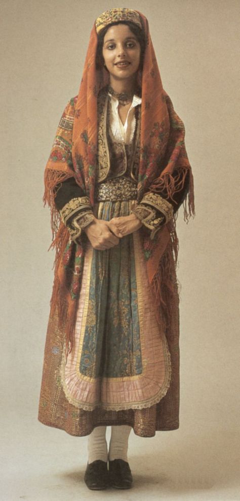 Festive costume from Thasos, Greece. Source: texmedindigitalibrary.eu Thasos Greece, Ancient Greek Clothing, Greek Traditional Dress, Thasos, Greek Costume, Empire Ottoman, Greek Women, Folk Dresses, Century Clothing