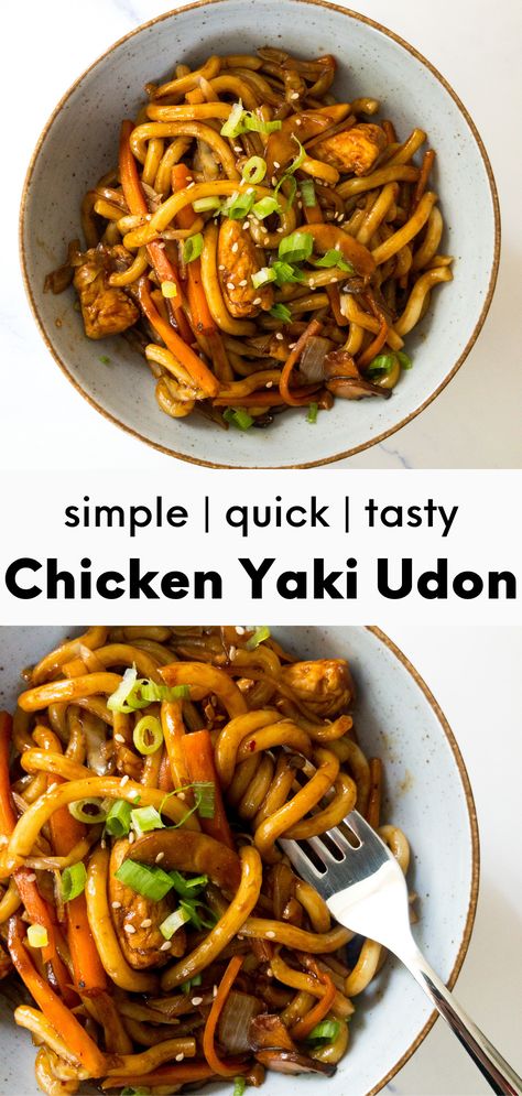 Chicken Yaki Udon is a quick and delicious stir-fry dish that is super flavorful, packed with fresh vegetables, and very easy to make! It is perfect for a quick and healthy weeknight dinner. #yakiudon #quickdinnerrecipe #udonnoodles #noodlestirfry Asian Noodle Dishes Recipes, Teriyaki Chicken Udon Noodles, Healthy Stir Fry Noodles, Yaki Udon Chicken, Stir Fried Noodles Chicken, Stir Fried Udon, Udon Dinner Recipes, Udon Noodle Chicken, Sesame Chicken Noodle Bowl