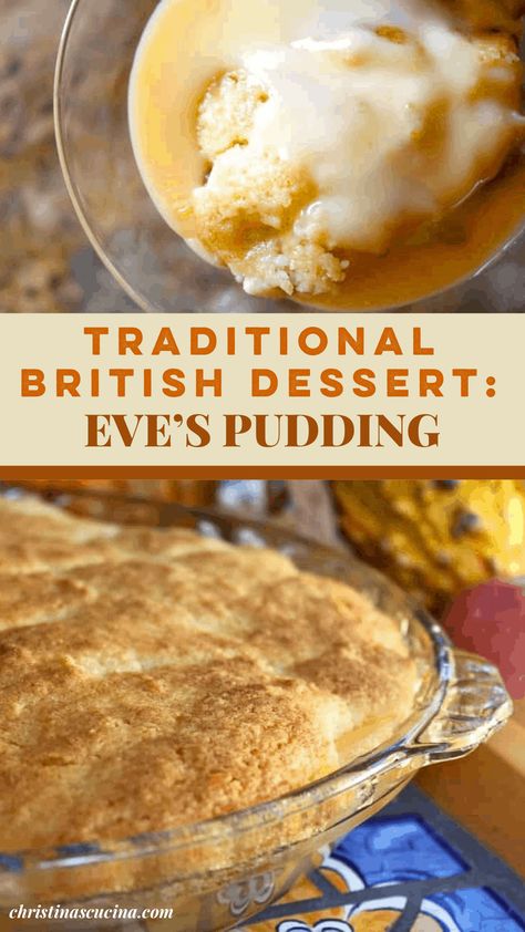 Eve’s Pudding is a traditional British apple dessert which entails a cake-like topping on baked apples. Served with custard, it’s another brilliant “keeper” of a recipe. Great British Menu Recipes, Easy Apple Charlotte, British Bakes Recipes, Baked Apples With Custard, British Bread Pudding Recipe, Victorian Era Desserts, Eves Pudding Uk, Baked Apple Pudding, British Meal Recipes