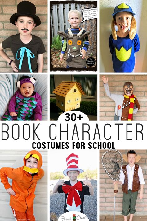 Easy DIY Book Character costumes for kids and for teachers. Over 30 classic and unique story book costumes for boys, for girls and for adults. Basically a simple or last-minute costume idea for just about everyone! Storybook Character Costumes | Character DIY Costume | Dress lie a Book Character for Kids | Dress like a Book Character for Teachers | Word Book Day Costumes for Teachers. Best Storybook Character Costumes, Story Book Character Costumes For Boys, Book Character Costumes For Kids Boys, Book Character Day For Boys, Last Minute Book Character Costumes, Storybook Character Costumes For Kids, Character Day Spirit Week Last Minute, Book Character Ideas, Diy Book Character Costumes