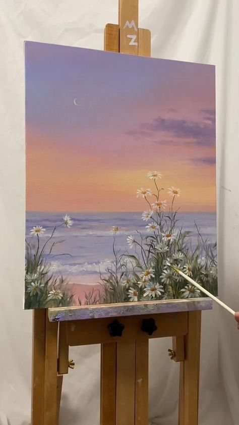 Ocean Art Painting, Sky Art Painting, Canvas Painting Tutorials, Soyut Sanat Tabloları, Canvas Painting Landscape, Canvas Painting Designs, Landscape Art Painting, Painting Art Lesson, Small Canvas Art