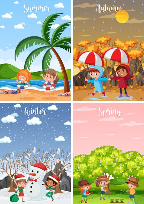 Summer Season Pictures For Project, Four Seasons Activities Preschool, Different Seasons Drawing, Four Seasons Drawing For Kids, Seasons Drawing Ideas, Season Charts For Kids, Spring Season Drawing For Kids, Natural Drawing Ideas, Seasons Chart Preschool