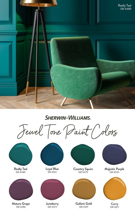 Give your walls a splash of rich, inviting warmth with a jewel toned paint color. Tap to order free color chips to get started. #sherwinwilliams #DIY #interiordesign #colorpalette #paint #jeweltones #ruby #emerald Jewel Tone Paint, Jewel Tone Paint Colors, Colors For Home, Salon Suites, Jewel Tone Colors, Paint Colors For Home, New Wall, My New Room, Room Colors