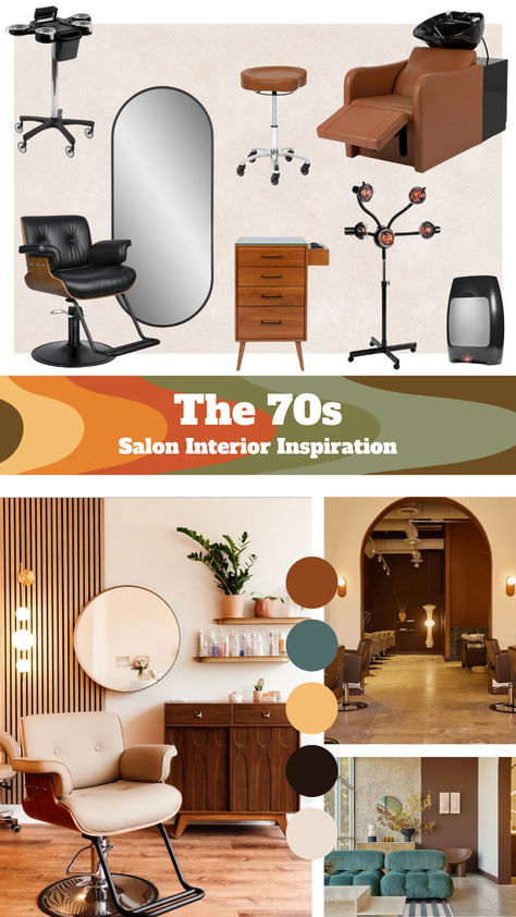 A mood board inspired by the 70s in salon interior inspiration. Mid Century Modern Salon Suite, Retro Salon Decor, 70s Salon, Hairdresser Interior, Modern Salon Suite, Salon Studio Suite, Vintage Salon Decor, Brow Salon, Mobile Beauty Salon