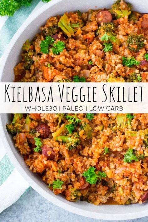 This easy one pan meal is a delicious recipe for meal prep or a busy weeknight. This dish is also healthy and great for different dietary preferences. It is low carb, paleo friendly and Whole30 compliant. #onepanmeals #skilletmeal #whole30 #paleo #keto #paleorecipes #whole30recipes #lowcarb Whole 30 Keilbasa Recipes, Kielbasa Skillet, Cheap Paleo Meals, Veggie Skillet, Egg Free Breakfast, Kielbasa Recipes, One Pan Meal, Detox Challenge, Whole 30 Diet