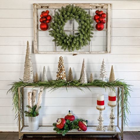 Christmas Foyer Table Decor, Sofa Christmas Decor, Christmas Decor Farmhouse Style, Foyer Table Decor, Sofa Christmas, Buffalo Check Christmas Decor, Christmas Foyer, Christmas Decor Farmhouse, Christmas Wreath Craft