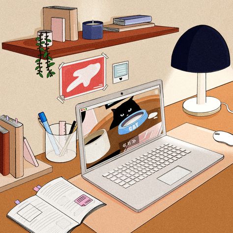 Computer Desk Illustration, Study Table Reference, Study Desk Illustration, Cluttered Desk Drawing, Work Space Illustration, Work Desk Illustration, Messy Desk Drawing, Home Office Illustration, Study Table Illustration