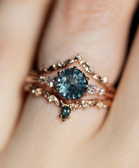 Non Diamond Wedding Rings Stones, Stacked Sapphire Wedding Rings, Engagement Rings Teal Sapphire, Engagement Stack Rings, Whimsical Rings Engagement, Teal Wedding Ring, Colored Stone Wedding Rings, Wedding Rings Fairytale, Saphire Wedding Rings