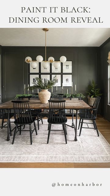 Accent Cabinet Dining Room, Dining Rooms With Dark Walls, Dining Room Dark Ceiling, Black And Brown Dining Room Decor, Dining Rooms With Black Furniture, Black And Brass Dining Room, Dark Dining Rooms Ideas, Entertaining Dining Room, Dining Room Dark Green Walls