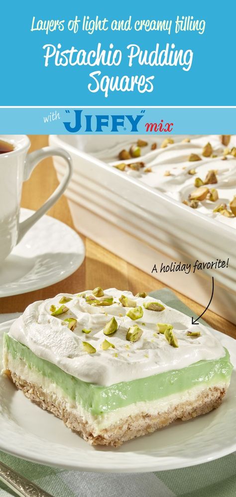 Pistachio Pudding Squares made with “JIFFY” Pie Crust Mix is a simply delightful, light, creamy dessert. A great addition to your holiday treat table. Pudding Squares, Jiffy Recipes, Jiffy Mix, Treat Table, Pistachio Pudding, Square Recipes, Creamy Desserts, Classic Desserts, Cool Whip