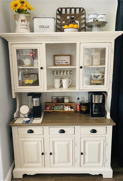 China Cabinet Redo Coffee Bar, Coffee China Cabinet, Coffee Bar China Cabinets, Coffee Bar From China Cabinet, Coffee Buffet Ideas, Kitchen Hutch Coffee Bar, Coffee Cupboard Ideas, Vintage Coffee Station, China Hutch Coffee Bar