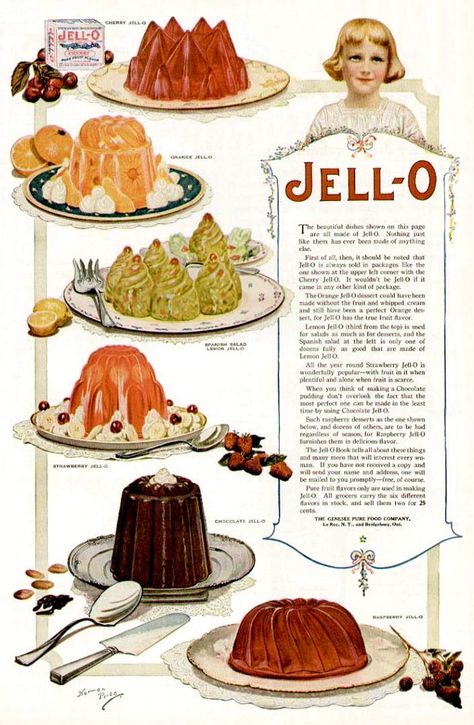 Vintage Food Posters, Vintage Menu, Vintage Dessert, Jell O, Food History, Food Ads, Vintage Illustrations, Retro Recipes, Vintage Cookbooks