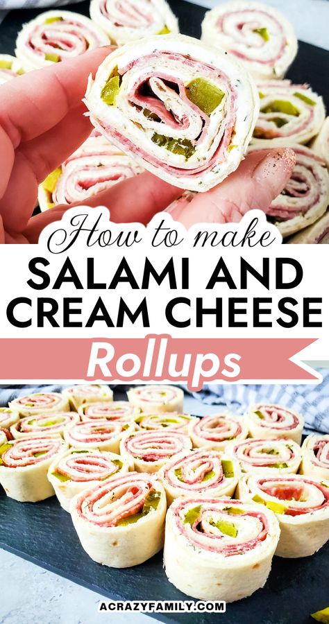 Salami And Pickle Roll Ups, Salami Tortilla Roll Ups, Salami Cream Cheese Pinwheels, Salami Cheese Roll Ups, Italian Sandwich Roll Ups, Pin Wheels Appetizers Cream Cheese, Pinwheel Recipes Ham, Jalapeno Cream Cheese Pinwheels, Salami And Pepperoni Recipes