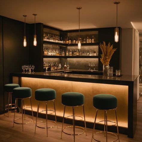 ⚠️LINK IN BIO⚠️ A chic contemporary home bar with a sleek bar counter, modern bar stools, and ambient lighting for an elegant entertainment space. #HomeBar #Contemporary #Chic #BarCounter #AmbientLighting Modern Bar Counter Design Home, Dark Home Bar Aesthetic, Modern Bar In Living Room, Modern Bar Design Luxury, Brick Bar Ideas For Home, Outdoor Bar Counter Design, Modern House Bar Design, Modern Bar Counter Design, Bar Interior Design Home