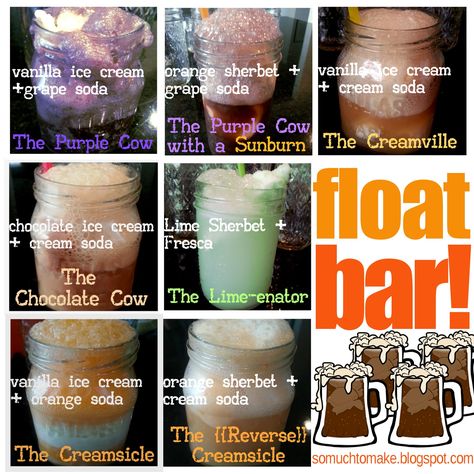 So Much To Make: FLOAT BAR!  Ice cream and sherbet with various soda pops! A fun family activity and treat! Ice Cream Float Bar, Float Bar, Party Food Bars, Lime Ice Cream, Chocolate Cow, Float Recipes, Soda Bar, Lime Sherbet, Sundae Bar