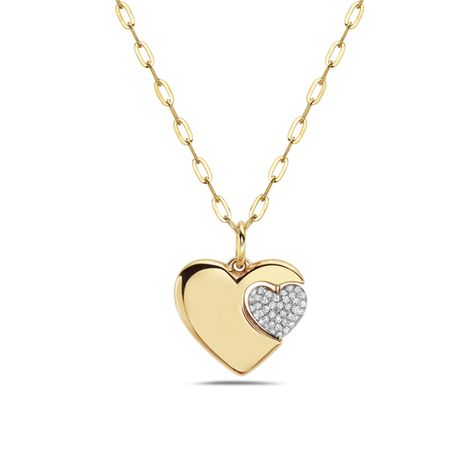 14K Yellow gold heart pendant with spinning pave heart set with 40 rould diamonds weighing .09 carats total weight. Pendant comes with 16″-18″ adjustable chain with lobster clasp. Heart Shaped Pendant, Valentines Accessories, Heart Pendent, High Jewelry Ring, Pave Diamond Jewelry, Modern Gold Jewelry, Diamond Pendant Sets, Art Jewelry Design, Jewelry Set Design