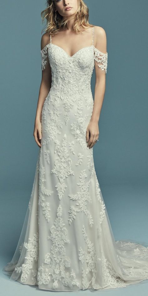 Maggie Sottero - ANGELICA, Soft and elegant, this sheath wedding dress features cascading lace motifs over tulle. Lace Motifs, Satin Bridal Gowns, Maggie Sottero Wedding Dresses, Sheath Wedding, Boda Mexicana, Maggie Sottero, Gowns Of Elegance, Wedding Dresses Romantic, Perfect Wedding Dress