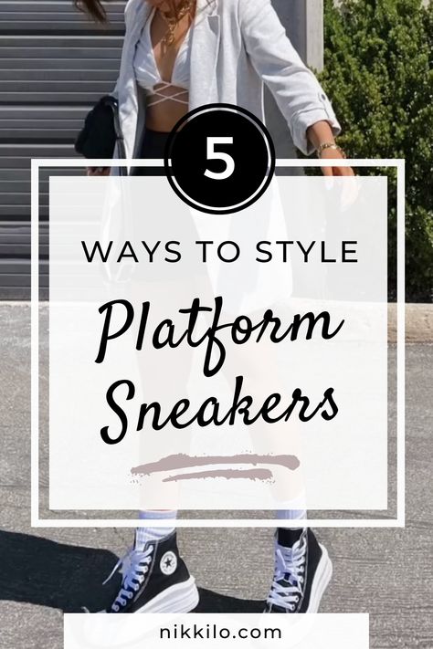 Today, I’m sharing 5 cute and trendy ways to style platform sneakers! I’m a huge fan of wearing platform sneakers because you can wear them in so many different types of outfits, from sporty to feminine to preppy. No matter your style, this post is here to give you some outfit inspiration for the next time you’re wondering what to wear with platform sneakers. Click or tap to keep reading! Converse Platform Shoes Outfit, Platform Sneakers With Dress, Best Platform Sneakers, How To Wear Chunky Sneakers, High Top Platform Vans Outfit, How To Wear Platform Converse, How To Wear Platform Sneakers, Platform Nike Outfit, Platform Sneakers Outfit Winter