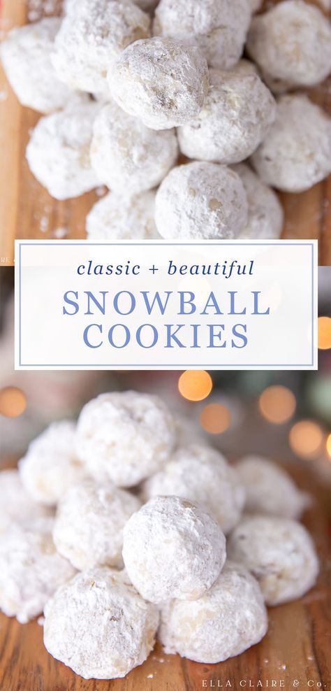 Make these delicious and festive snowball cookies! A delicious butter pecan cookie dusted in powdered sugar, they are easy and adorable for the holidays! They look so pretty for neighbor gifts, added to plates of Christmas cookies, or cookie exchanges. Walnut Balls, Kolaczki Recipe, Snowball Cookie, Powdered Sugar Cookies, Pecan Cookie, Snowballs Recipe, Acorn Cookies, Pecan Snowball Cookies, Cookies For Christmas