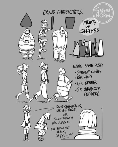 Tuesday Tips- Crowd Characters — When I need to fill a crowd with characters, I usually try to pick a few simple shapes and use those to build a series a characters to complete the scene. I may switch it up by adding a hat, glasses, switching gender,... Character Development Illustration, Griz And Norm, Drawing Tricks, Character Design Tips, Tuesday Tips, Comic Tutorial, Art Advice, Drawing Style, Gesture Drawing