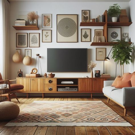 Idea For Living Room Furniture, Modern Mid Century Living Room Ideas, Style An Entertainment Center, Living Room Inspiration Mid Century Modern, Cute Entertainment Center Ideas, Mid Century Modern Home Decor Ideas, Living Room Mid Century Modern Cozy, Mid Century Modern Neutral Living Room, Apartment Decorating Mid Century Modern