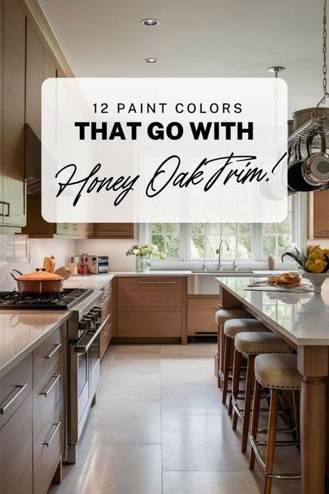 12 Best paint colors to match Honey oak trim, cabinets, and floors. #honeyoak, #paintcolors, #oakcabinets, #oaktrim Oak Kitchen Cabinets Wall Color, Best Dining Room Colors, Honey Oak Trim, Trim Cabinets, Neutral Interior Paint Colors, Oak Wood Trim, Interior Paint Colors For Living Room, Laundry Room Paint Color, Best Wall Colors