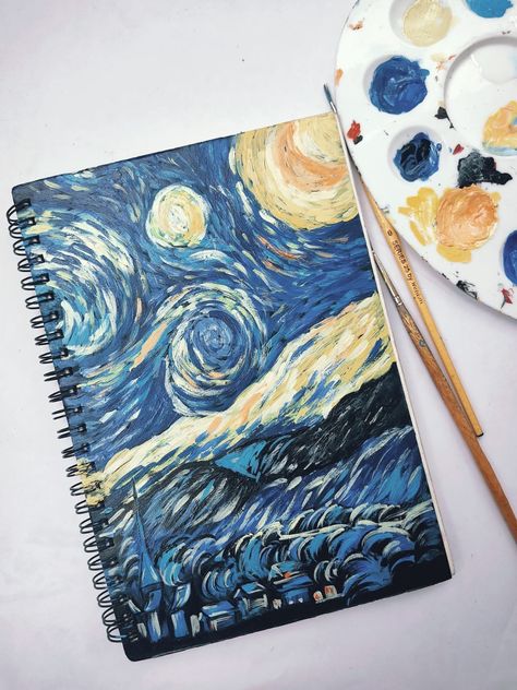 Acrylic painting on book cover Sketchbook Front Page Ideas, Painting Projects High School, Cute Sketchbooks, Easy People Drawings, Creative Book Covers, School Book Covers, Front Cover Designs, Cute Eyes Drawing, Gcse Art Sketchbook