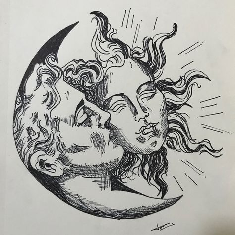 Moon and sun love Symbolic Sketches, Ink Pen Sketch, Artsy Drawings Aesthetic, Cool Pen Drawings, Ink Pen Tattoo, Gothic Sketches, Pen Sketches Aesthetic, Illustration Art Digital, Intricate Drawings