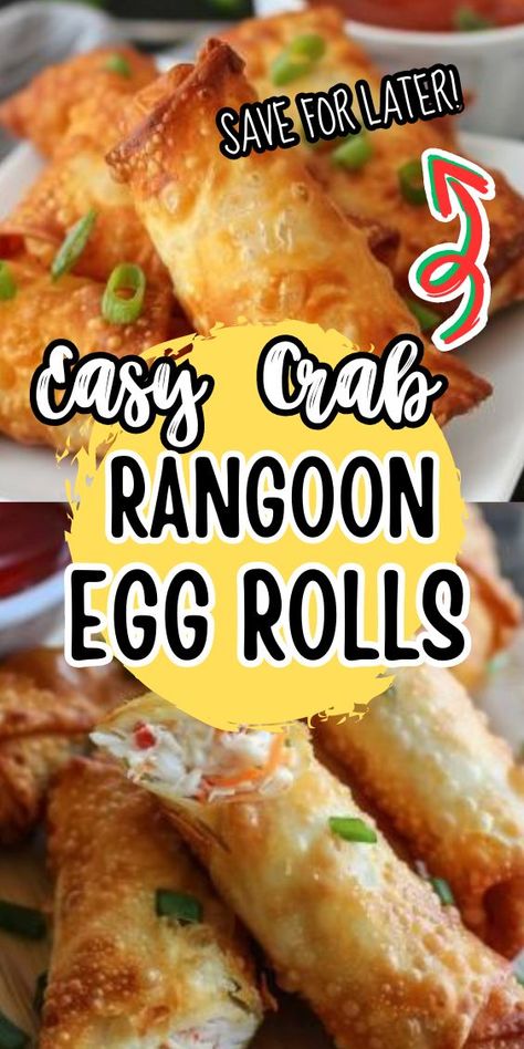 Easy Crab Rangoon Egg Rolls a delightful fusion of two beloved appetizers into one irresistible treat. Crispy egg roll wrappers envelop a creamy filling of crabmeat, cream cheese, and savory spices, creating a harmonious blend of textures and flavors that's sure to tantalize your taste Recipes Using Egg Roll Wrappers, Easy Crab Rangoon, Crab Rangoon Egg Rolls, Chinese Egg Rolls, Crab Eggs, Egg Roll Filling, Cream Cheese Wontons, Crispy Egg, Homemade Chinese