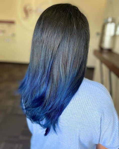 Blue Ends Hair Brown, Coloured Tips Hair, Black Hair With Blue Tips, Blue Ends Hair, Black To Blue Ombre Hair, Tips Of Hair Dyed, Black Hair With Blue Streaks, Ends Of Hair Dyed, Hair Ends Dyed