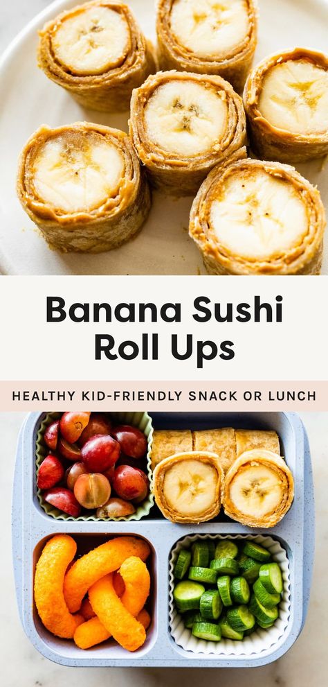 These 3 ingredient banana sushi roll ups are such a quick and easy, healthy kid-friendly recipe that are perfect for school lunches or after school snacks. Your kids will love adding their favorite toppings! Kid Sushi, Banana Sushi Rolls, Veggie Roll Ups, Sushi For Kids, Banana Sushi, Healthy Kid Friendly Meals, Banana Roll, Sushi Lunch, Roll Ups Recipes