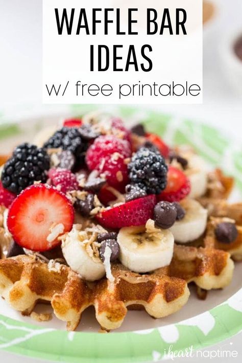 This easy make-your-own waffle bar is perfect for a birthday breakfast, back to school dinner or Sunday brunch. Also includes a free printable waffle bar sign that's great for entertaining! #waffles #wafflebar #breakfast #breakfastideas #brunch #brunchideas #entertaining #iheartnaptime Breakfast Back To School, Waffle Bar Sign, Waffle Bar Ideas, Diy Waffle Bar, Back To School Dinner, Brunch Waffles, Pancake Bar, School Dinner, Brunch Bar